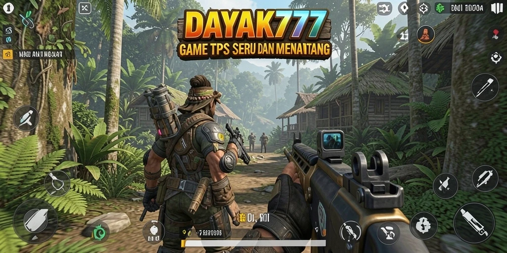 Screenshot utama DAYAK777 menampilkan aksi tembak-menembak yang mendebarkan di peta yang indah.
