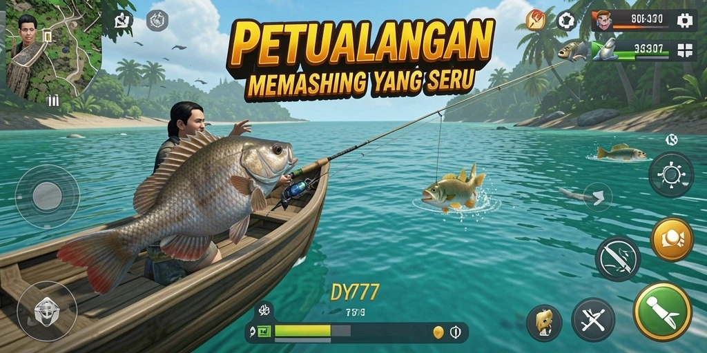 Screenshot gameplay DY777 menampilkan aksi memancing seru di lokasi yang indah.