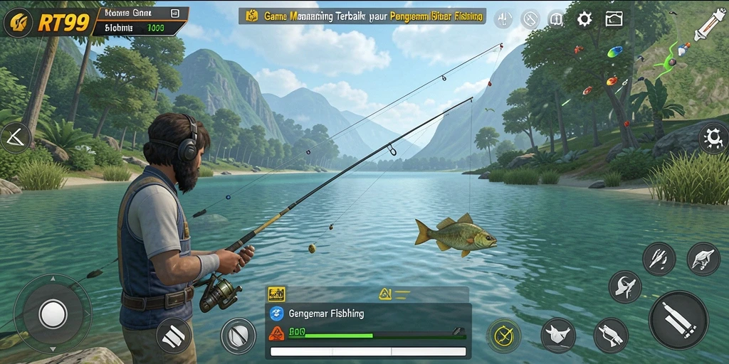 Screenshot gameplay RT99 menampilkan aksi memancing yang seru dan grafis menawan.
